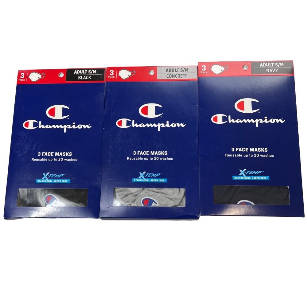 Champion 9 Adult Face Masks 3 Boxes Of 3 Black, Navy, Concrete S/M‎ Reusable